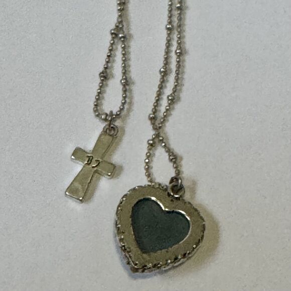 Betsy Johnson Necklace Double Strand Heart Cross Beaded Chain Silver Tone - Picture 3 of 5
